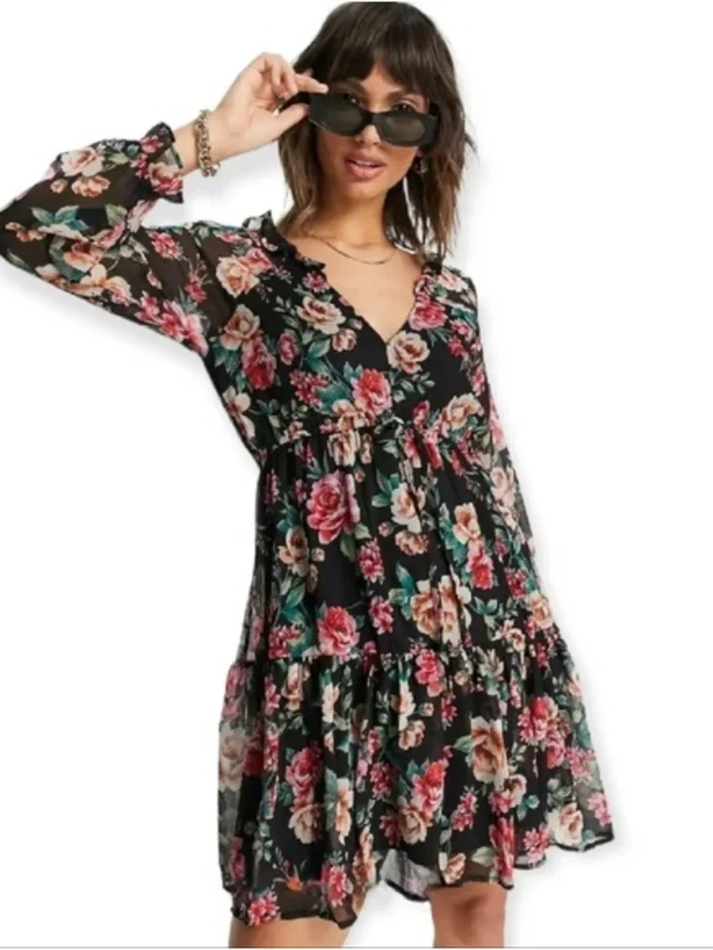 American Eagle Outfitters Black Floral Long-Sleeve Tiered Dress
